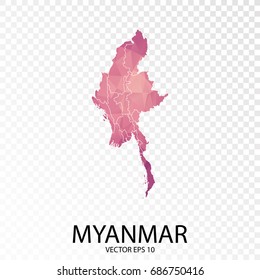 Transparent - High Detailed Low Poly Purple Map of Myanmar. Vector illustration eps 10.