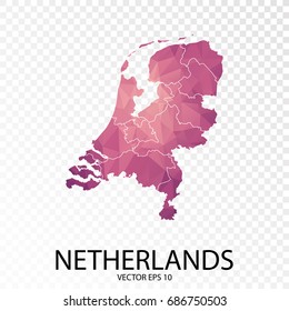 Transparent - High Detailed Low Poly Purple Map of Netherlands. Vector illustration eps 10.