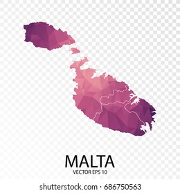 Transparent - High Detailed Low Poly Purple Map of Malta. Vector illustration eps 10.