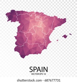 Transparent - High Detailed Low Poly Purple Map of Spain. Vector illustration eps 10.
