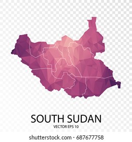 Transparent - High Detailed Low Poly Purple Map of South Sudan. Vector illustration eps 10.