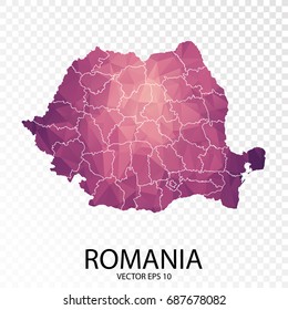 Transparent - High Detailed Low Poly Purple Map of Romania. Vector illustration eps 10.