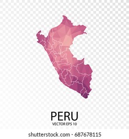 Transparent - High Detailed low poly Purple Map of Peru. Vector illustration eps 10.