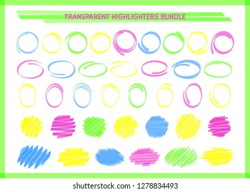 Transparent highlight pen circle frame set vector illustration. Collection of round border and felt pen scribbles in neon colors for news hand drawn highlight design or school whiteboard style drawing