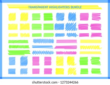 Transparent highlight pen marks set vector illustration. Hand drawn square and rectangle pen scribbles in yellow and blue, pink and green transparent neon colors for social media highlight design