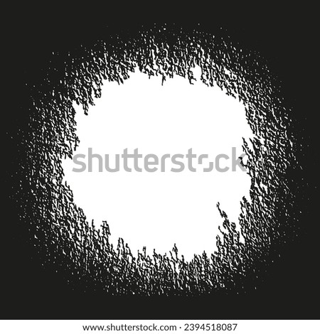 Transparent hole in a black background with torn edges. Round vintage rough overlay frame with copy space. Vector circle with scratched cracked border. Grunge grainy design
