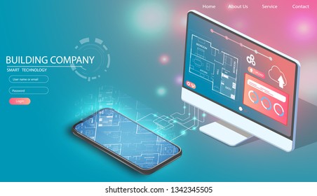 Transparent holographic architecture plan of house construction above smartphone. internet of things technology on mobile devices via wireless web. Iot concept. Project of building.