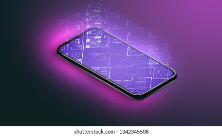 Transparent holographic architecture plan of house construction above smartphone. internet of things technology on mobile devices via wireless web. Iot concept. Project of building.