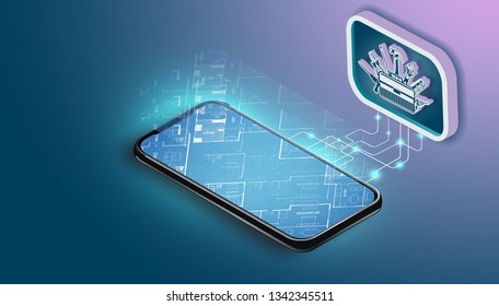 Transparent holographic architecture plan of house construction above smartphone. internet of things technology on mobile devices via wireless web. Iot concept. Project of building.