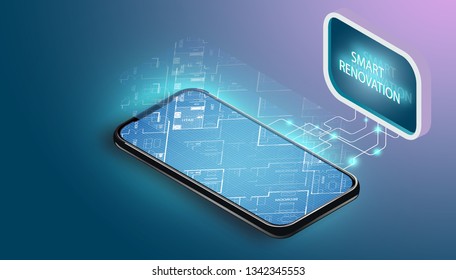 Transparent holographic architecture plan of house construction above smartphone. internet of things technology on mobile devices via wireless web. Iot concept. Project of building.