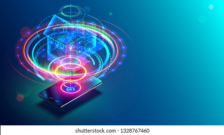 Transparent holographic architecture plan of smart house above smartphone. internet of things technology on mobile devices via wireless web. Iot concept. Project of surveillance and safety estate.