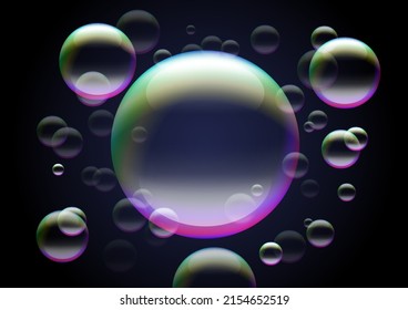 Burbujas holográficas transparentes sobre fondo negro para afiche o marco con temática de higiene.