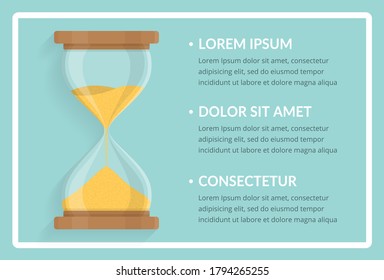 Transparent hourglass on blue background with white frame and place for your text, vector eps10 illustration