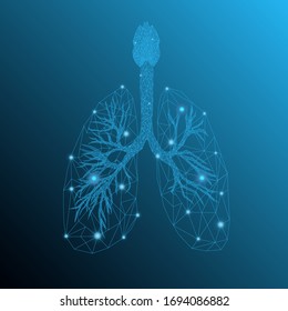 Transparent human lungs in blue color background with light low poly effects.