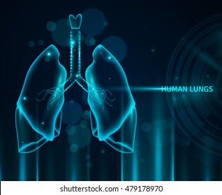 Transparent human lungs in blue color background with light effects and bokeh flat vector illustration