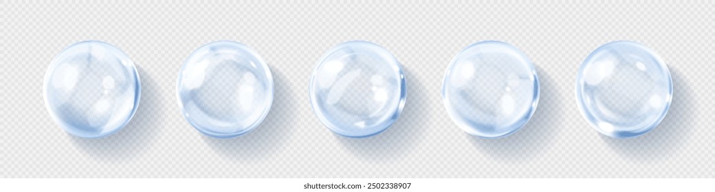 Transparent hyaluronic acid bubbles. Collagen clear drops. Cosmetic serum. Skincare product. Vector illustration