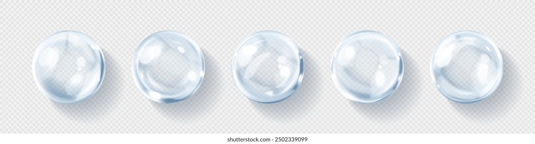 Transparent hyaluronic acid bubbles. Collagen clear drops. Cosmetic serum. Skincare product. Vector illustration