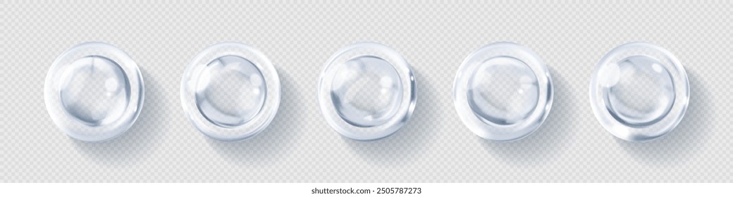 Transparent hyaluronic acid bubbles. Collagen clear drops. Cosmetic serum. Skincare product. Vector illustration