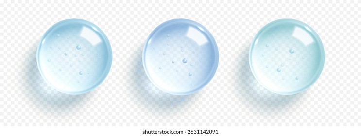 Transparent  hydrating gel droplets. Liquid drops, serum, gel or collagen texture. Skin care cosmetic hydration spots. Vector illustration