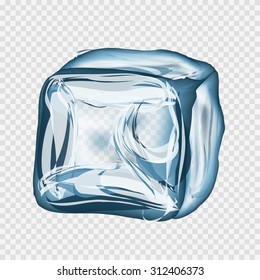 Transparent ice cube in blue colors on light gray background. Vector illustration EPS 10.