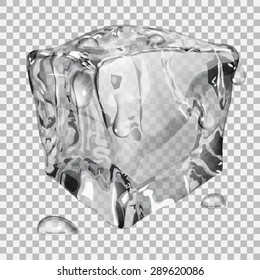 Transparent ice cube with water drops in gray colors