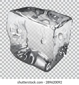 Transparent ice cube with water drops in gray colors