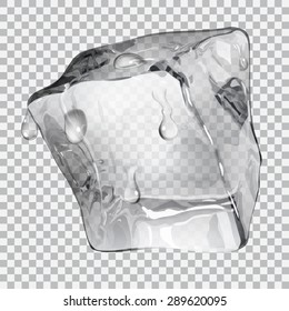 Transparent ice cube with water drops in gray colors