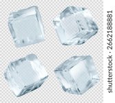 Transparent ice cubes with crystal clear surfaces and realistic frozen texture for beverage industry presentations. Melting blocks in different angles and shapes. Professional cold drink assets.