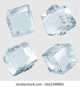Transparent ice cubes with crystal clear surfaces and realistic frozen texture for beverage industry presentations. Melting blocks in different angles and shapes. Professional cold drink assets.