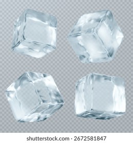 Cubos de hielo transparentes con superficies cristalinas y textura congelada realista para presentaciones de la industria de bebidas. Bloques de fusión en diferentes ángulos y Formas. Profesional de bebidas frías.