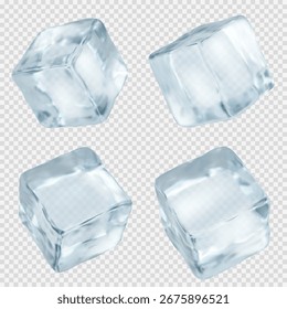 Cubos de hielo transparentes con superficies cristalinas y textura congelada realista para presentaciones de la industria de bebidas. Bloques de fusión en diferentes ángulos y Formas. Profesional de bebidas frías.