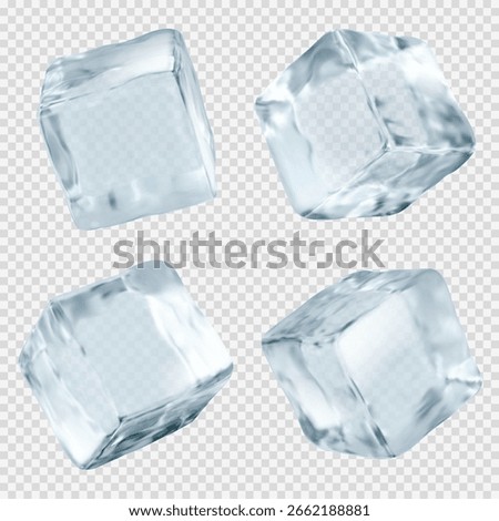 Transparent ice cubes with crystal clear surfaces and realistic frozen texture for beverage industry presentations. Melting blocks in different angles and shapes. Professional cold drink assets.