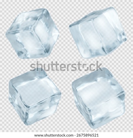 Transparent ice cubes with crystal clear surfaces and realistic frozen texture for beverage industry presentations. Melting blocks in different angles and shapes. Professional cold drink assets.
