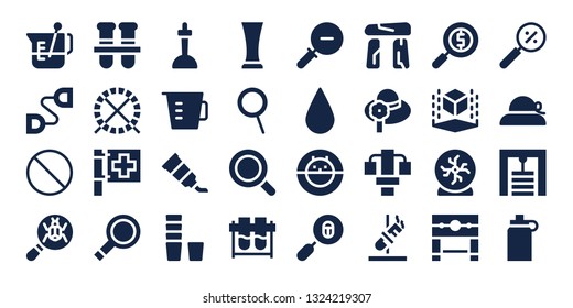 transparent icon set. 32 filled transparent icons. on blue background style Collection Of - Beaker, Chest expander, Forbbiden, Loupe, Test tubes, Hamster ball, Red cross, Magnifying glass