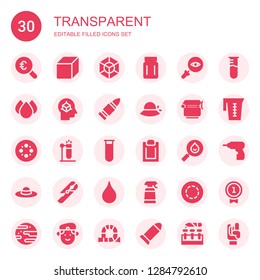 transparent icon set. Collection of 30 filled transparent icons included Magnifying glass, Cube, Jar, Glass, Drops, Bullet, Pamela, Blur, Test tube, Padnote, Drop, Desinfectant