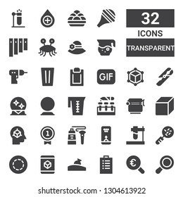 transparent icon set. Collection of 32 filled transparent icons included Loupe, Magnifying glass, Padnote, Relics, Cube, Gif, Test tube, Bubble, Tube, Number, Jar, Crystal ball