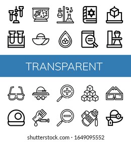 conjunto de iconos transparentes. Colección de probeta, tanque de peces, Pamela, Drop, Spellbook, vidrio de aumento, Cubo, gafas, bola de cristal, sombrero de pamela, prueba de sangre, Zoom in, iconos de zoom