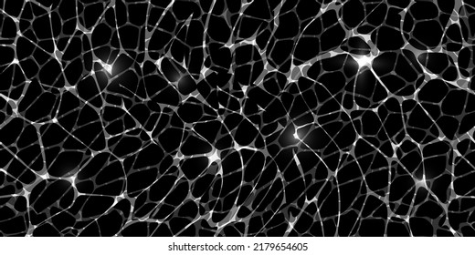 Imitación transparente del movimiento líquido bajo iluminación sobre fondo negro. Vista superior de la superficie del agua con ondas cáusticas como patrón ininterrumpido. La textura de la piscina con el sol.