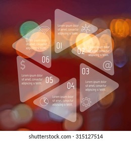 Transparent infographic diagram on blurred bokeh background. Circular chart with 6 rounded triangle parts. Progress steps for tutorial. Business concept sequence banner. EPS10 vector workflow layout.