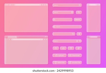 Transparent internet browser window. User interface elements, search bars and action buttons vector UI template set. Empty pink frames for websites on desktop computer and smartphone