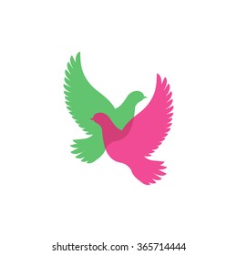Transparent intersecting silhouettes of flying doves. Two flying birds. Vector logotype, logo. Peace, freedom, togetherness, spirit concept. Vector illustration.