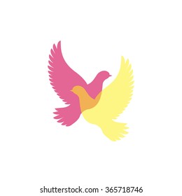 Transparent intersecting silhouettes of flying doves. Two flying birds. Vector logotype, logo. Peace, freedom, togetherness, spirit concept. Vector illustration.