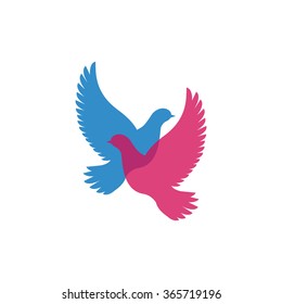 Transparent intersecting silhouettes of flying doves. Two flying birds. Vector logotype, logo. Peace, freedom, togetherness, spirit concept. Vector illustration.