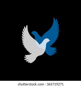 Transparent intersecting silhouettes of flying doves. Two flying birds. Vector logotype, logo. Peace, freedom, togetherness, spirit concept. Vector illustration.