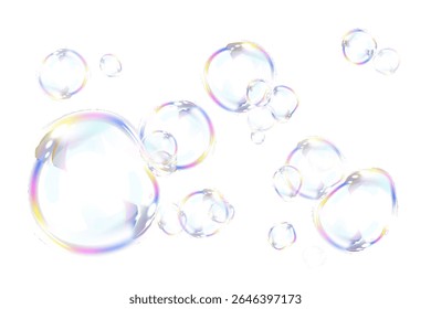 Bolha de sabão iridescente transparente PNG com brilho prismático, efeito de luz flutuante e brilho holográfico realista em um fundo macio.