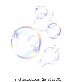 Bolha de sabão iridescente transparente PNG com brilho prismático, efeito de luz flutuante e brilho holográfico realista em um fundo macio.