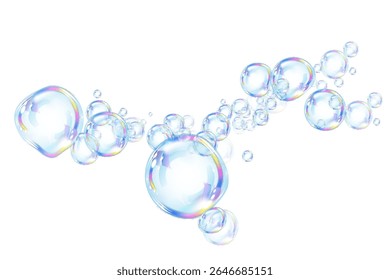 Bolha de sabão iridescente transparente PNG com brilho prismático, efeito de luz flutuante e brilho holográfico realista em um fundo macio.