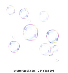 Bolha de sabão iridescente transparente PNG com brilho prismático, efeito de luz flutuante e brilho holográfico realista em um fundo macio.