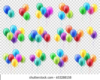 Transparent Isolated Realistic Colorful Glossy Flying Air Balloons set. Birthday party. Ribbon.Celebration. Wedding or Anniversary.Vector Illustration.