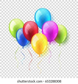 Transparent Isolated Realistic Colorful Glossy Flying Air Balloons set. Birthday party. Ribbon.Celebration. Wedding or Anniversary.Vector Illustration.